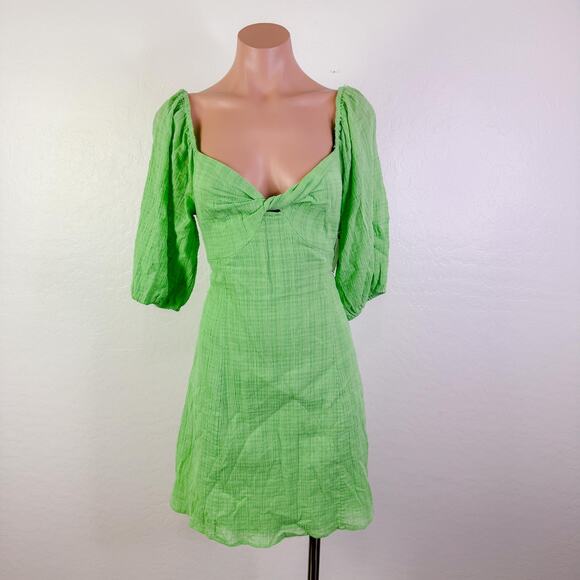 Billabong Sol Gauzy Puff Sleeve Mini Dress Bright Meadow Green Summer Size L NEW - Picture 1 of 12